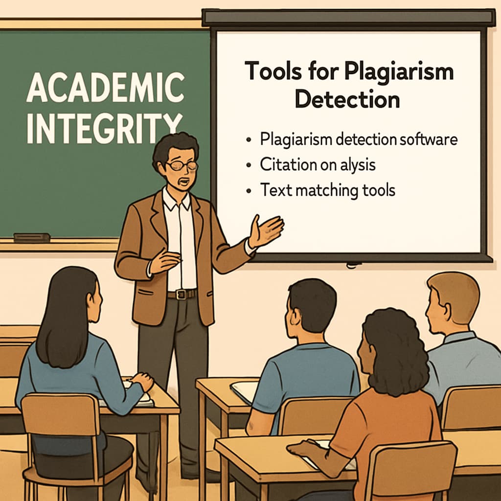A university classroom where a professor discusses academic integrity, with a slide showing A professor discussing academic integrity and tools like GPTZero in a classroom setting.