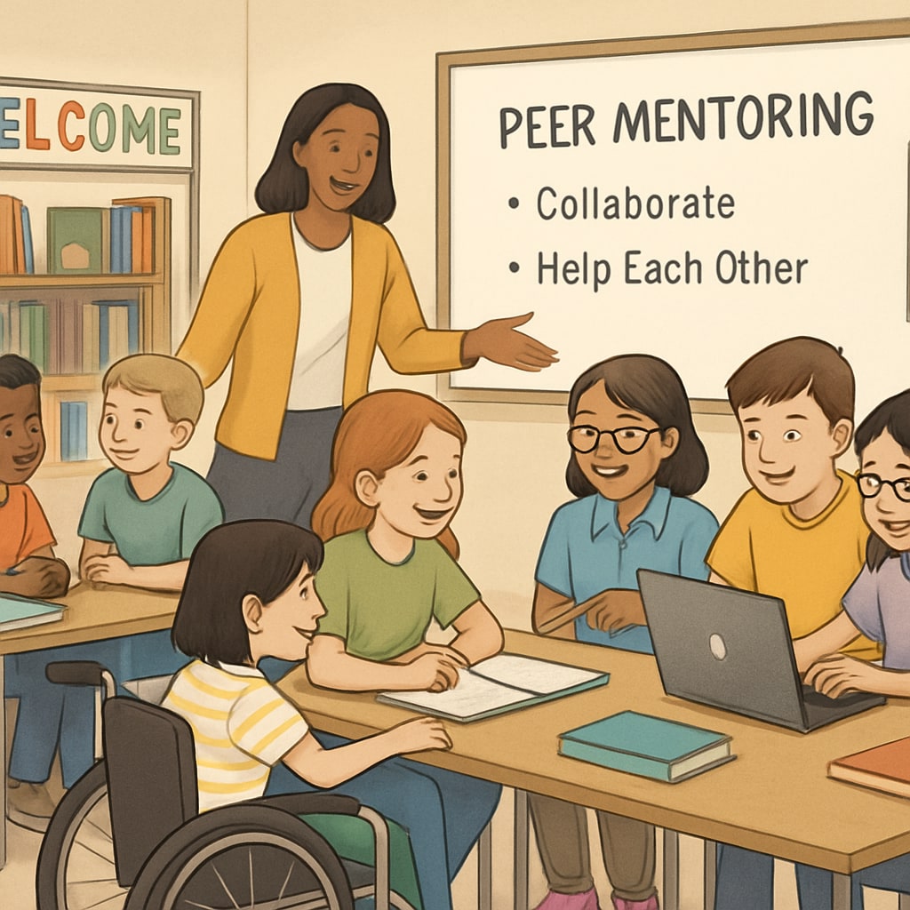 A K12 classroom implementing peer mentoring and inclusive learning practices to mirror university success traits. K12 classroom with peer mentoring programs to foster inclusivity and engagement, mirroring successful university traits.