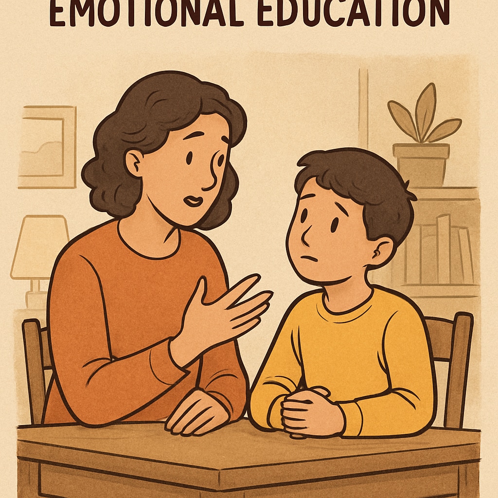 A parent and child discussing emotions, representing emotional education and child development.