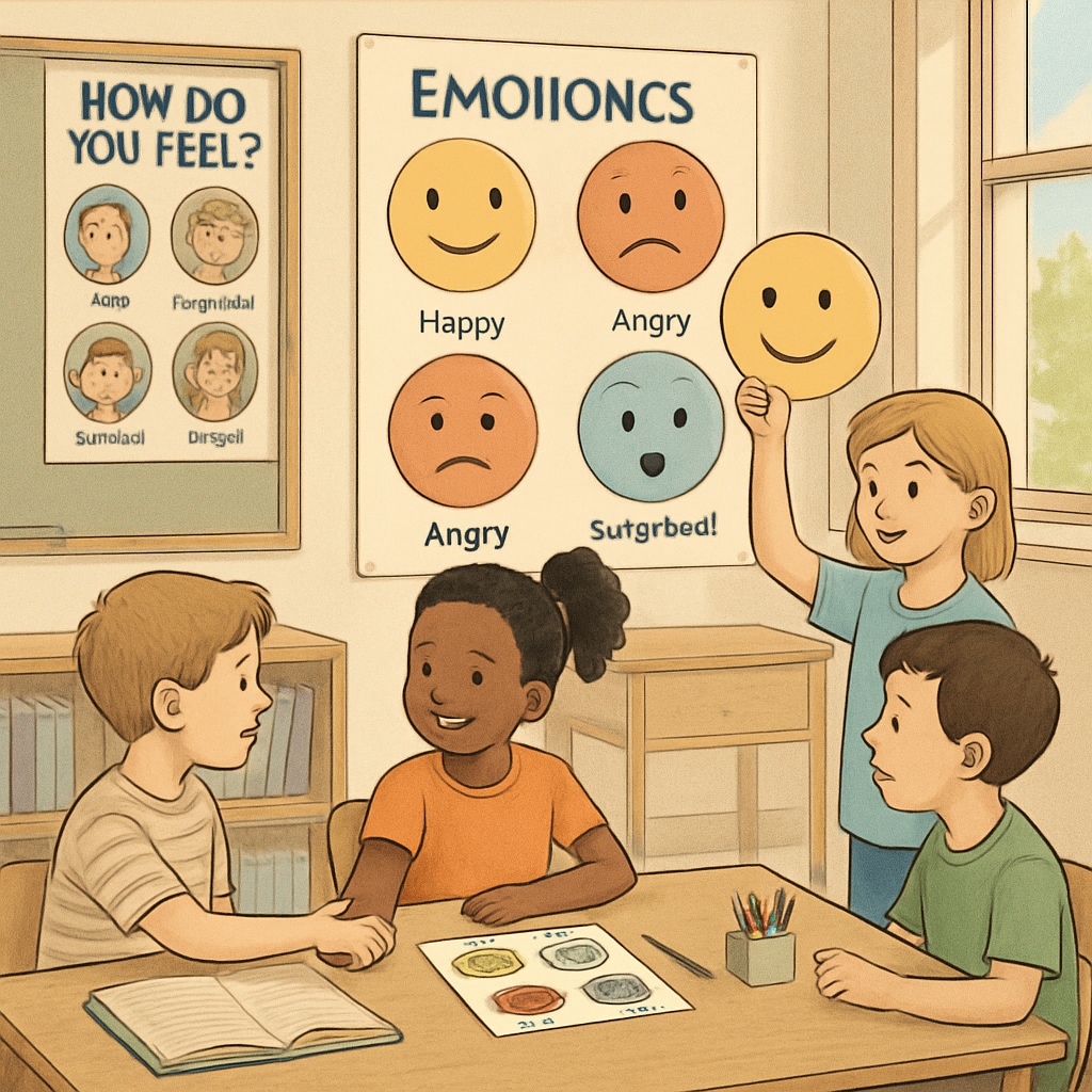 Children in a classroom activity focused on emotional education and emotional management.