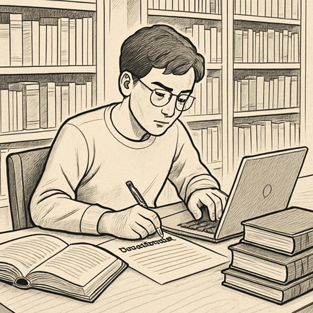 UK university student researching dissertation requirements in a library.