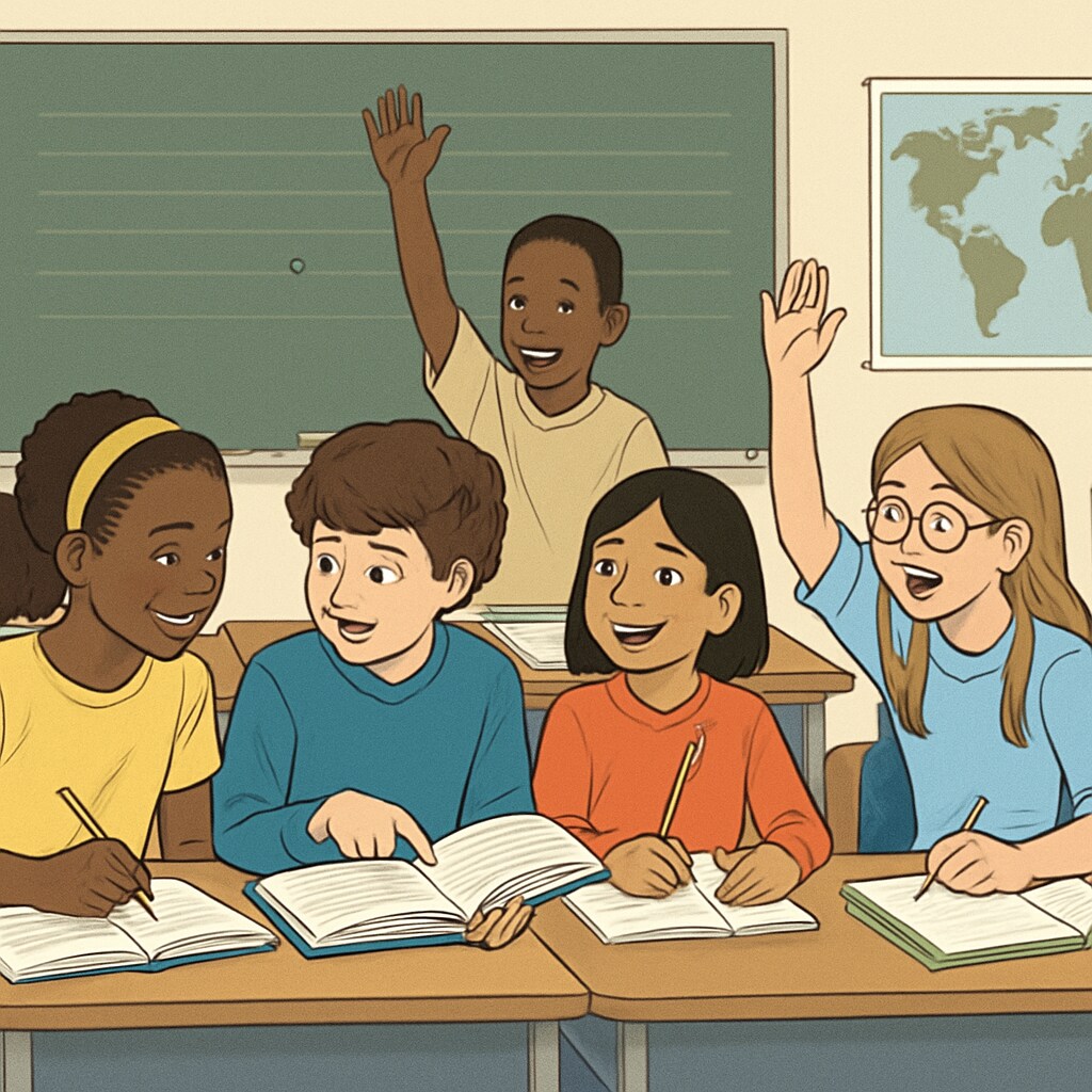 A diverse group of students in a classroom actively participating, symbolizing an inclusive and supportive learning environment. Diverse students in a classroom representing a supportive K12 environment.
