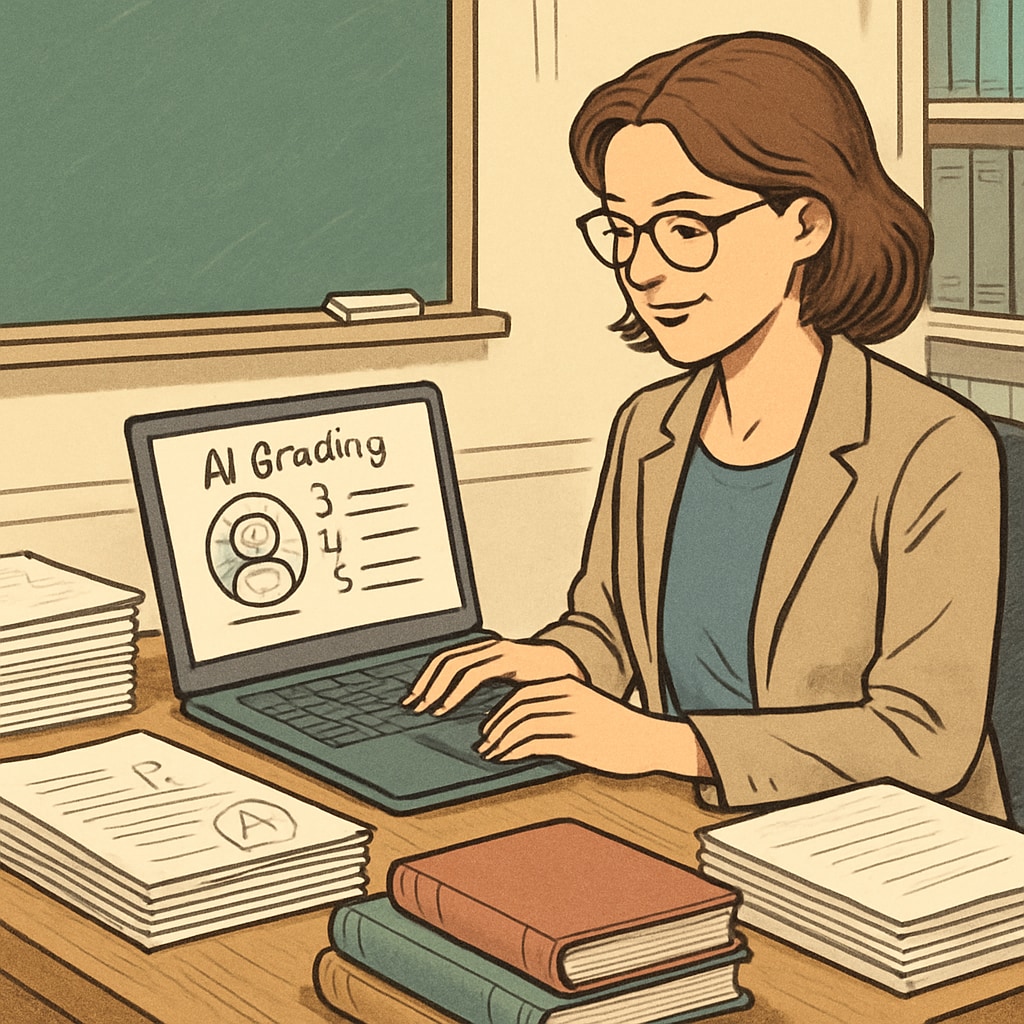 A teacher using an AI-powered platform to automate grading tasks, symbolizing reduced administrative workload. AI technology helping a teacher reduce administrative workload.