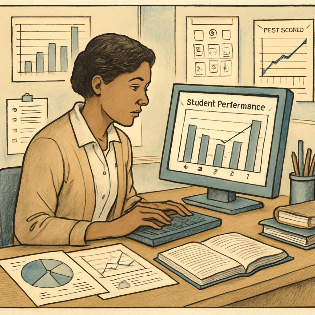 A teacher analyzing student performance data on a computer, representing data-driven decision-making in education. Teacher reviewing student data to inform educational strategies.