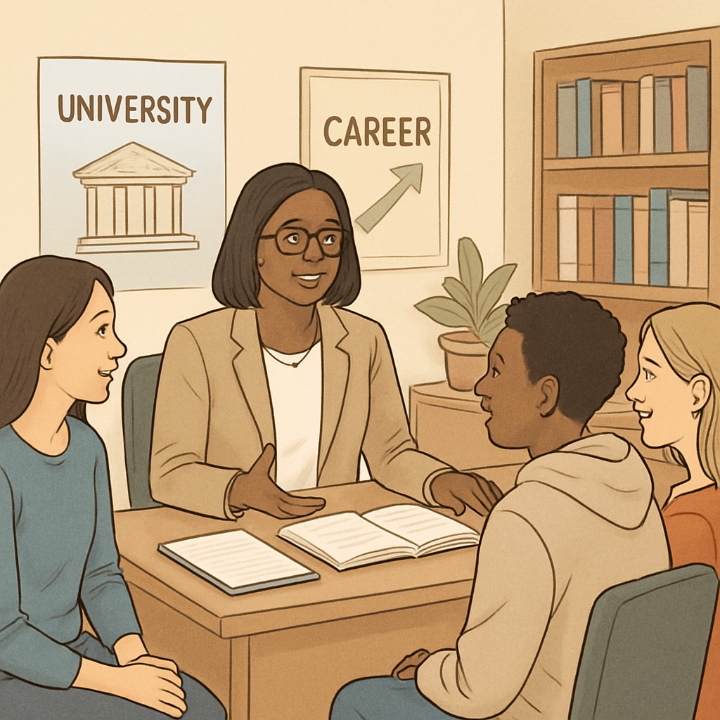 A university counselor actively engaging with students in a supportive setting. The image emphasizes personalized guidance and a student-centered approach. A counselor discussing academic strategies with students, showcasing student success factors.