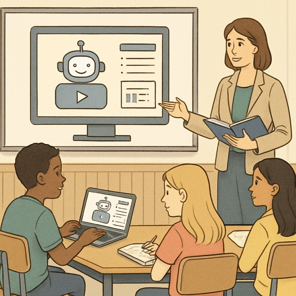 Students interacting with an AI-based learning platform under the guidance of a teacher, representing blended education models. Teacher and students engaging with AI-based learning tools.