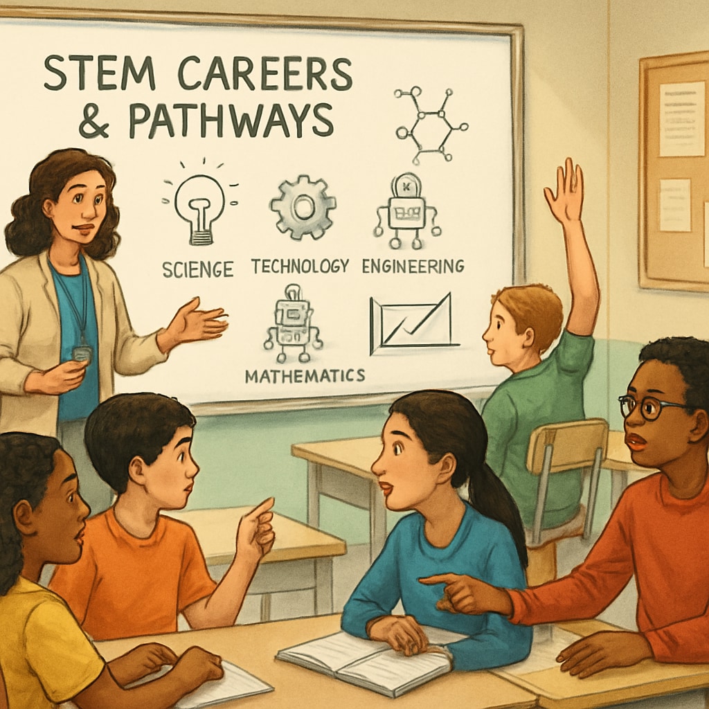 A classroom setting with students discussing STEM career options and pathways. Students discussing STEM career choices and professional paths in a classroom.
