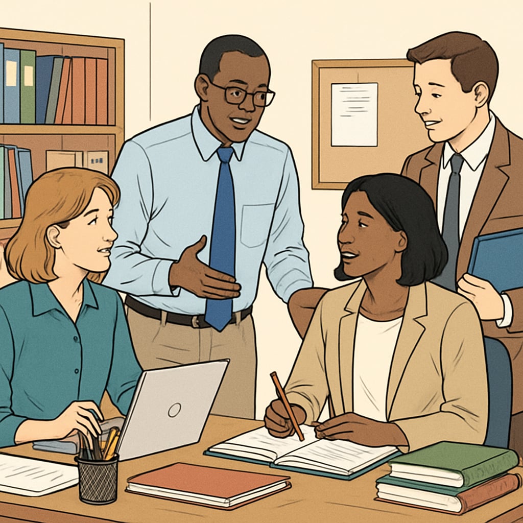A group of school administrators collaborating in an office setting, highlighting teamwork in non-teaching roles. School administrators collaborating in an office, showcasing non-teaching education careers with school holidays.