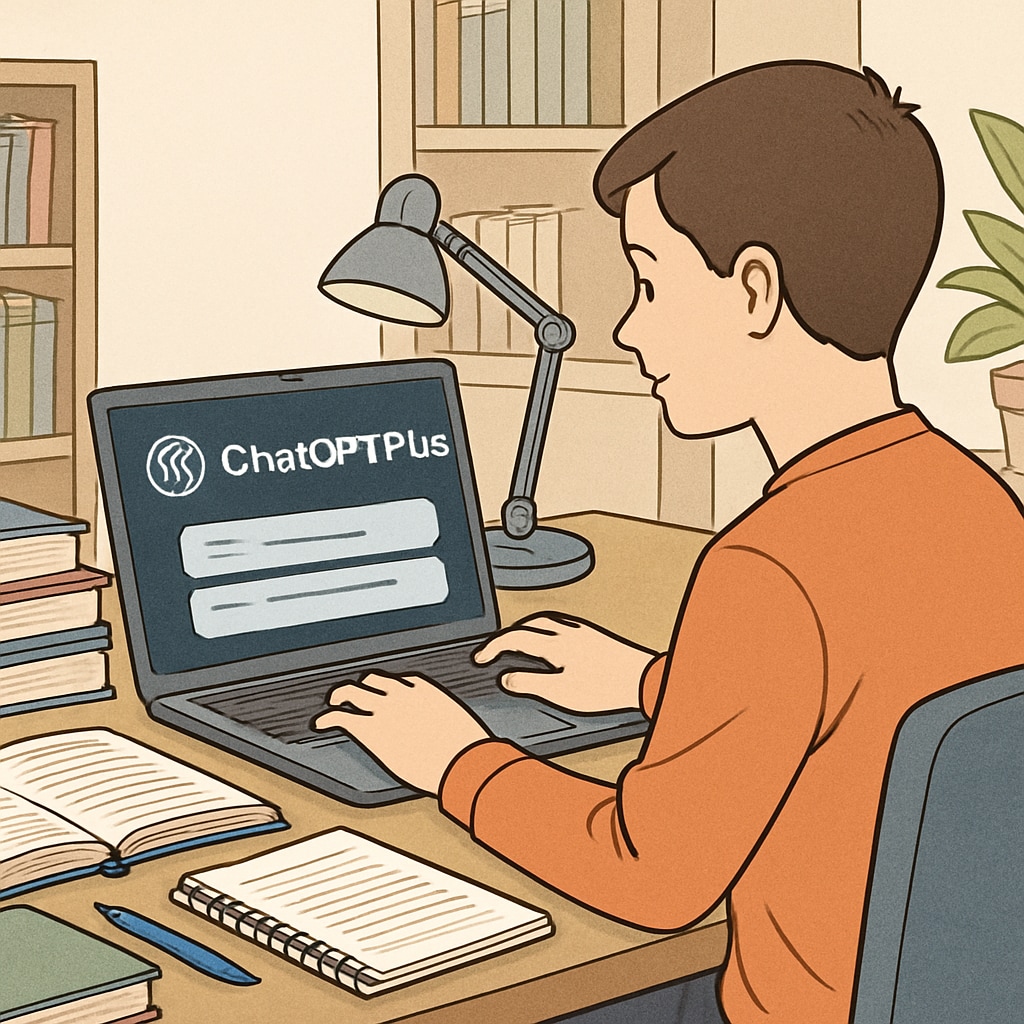 A student using ChatGPT Plus on their laptop in a cozy study environment. A student using AI subscription ChatGPT Plus for learning assistance.