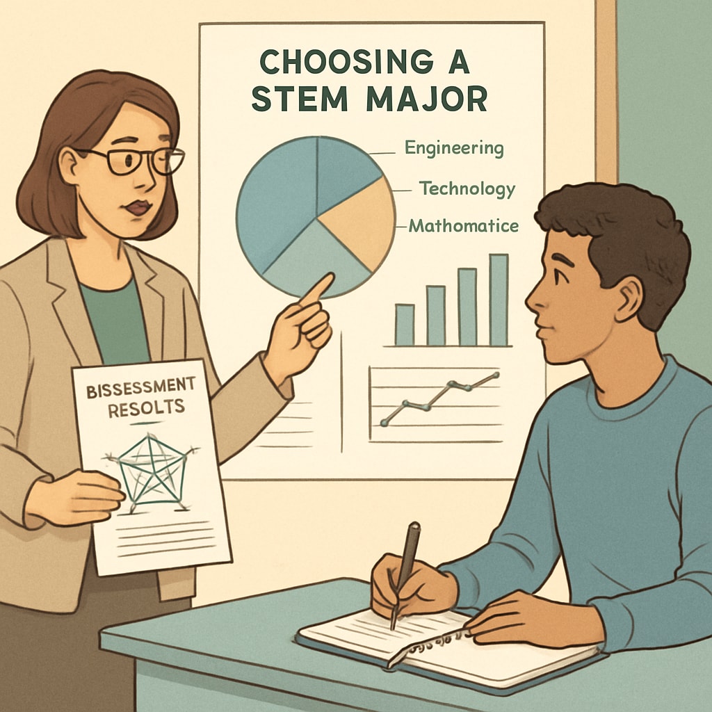 A career counselor guiding a student through STEM major selection using charts and assessments. Career counselor advising a student on STEM major decision-making.