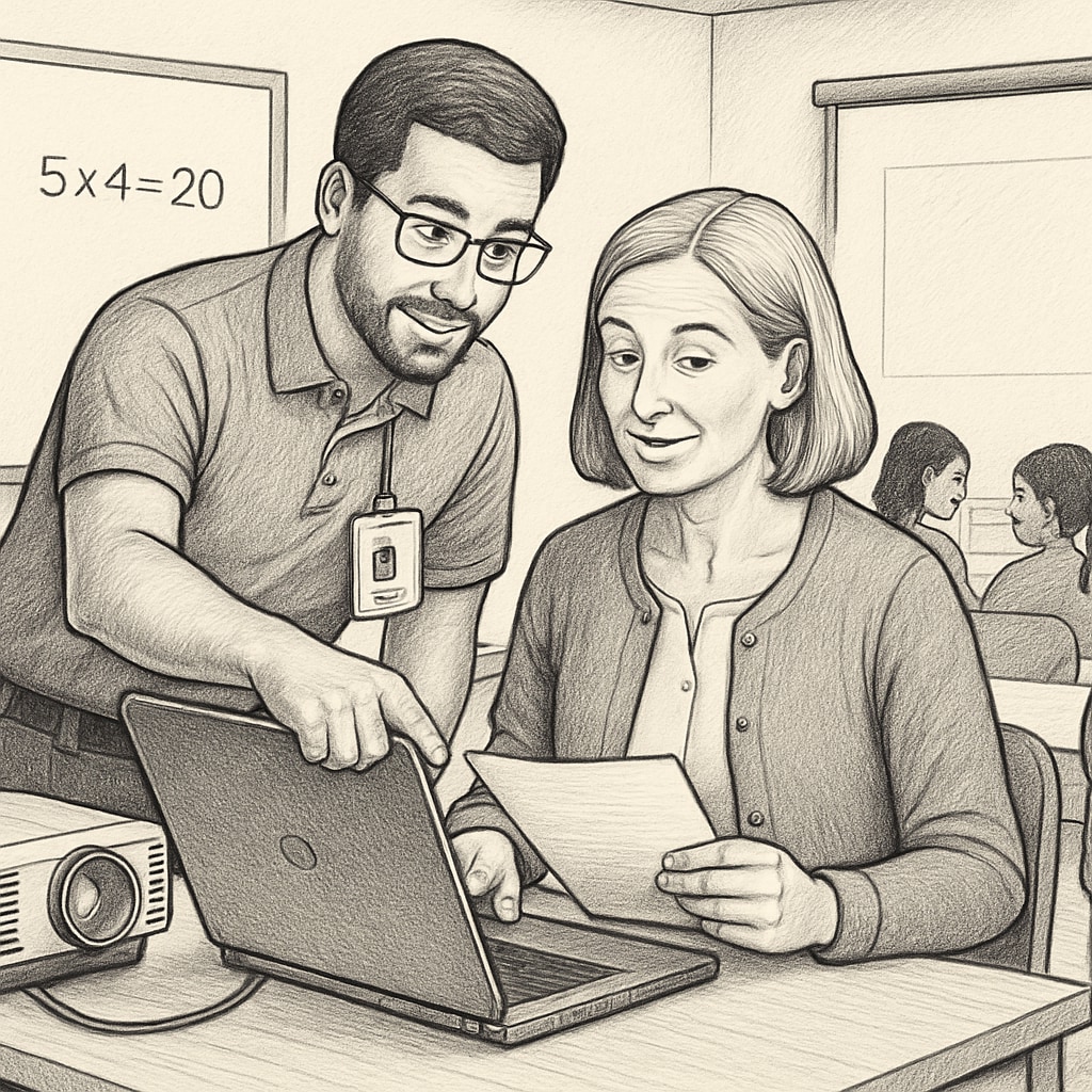 An IT specialist assisting a teacher with classroom technology, showcasing tech support in schools. IT specialist helping a teacher with classroom tech, representing non-teaching roles in education.