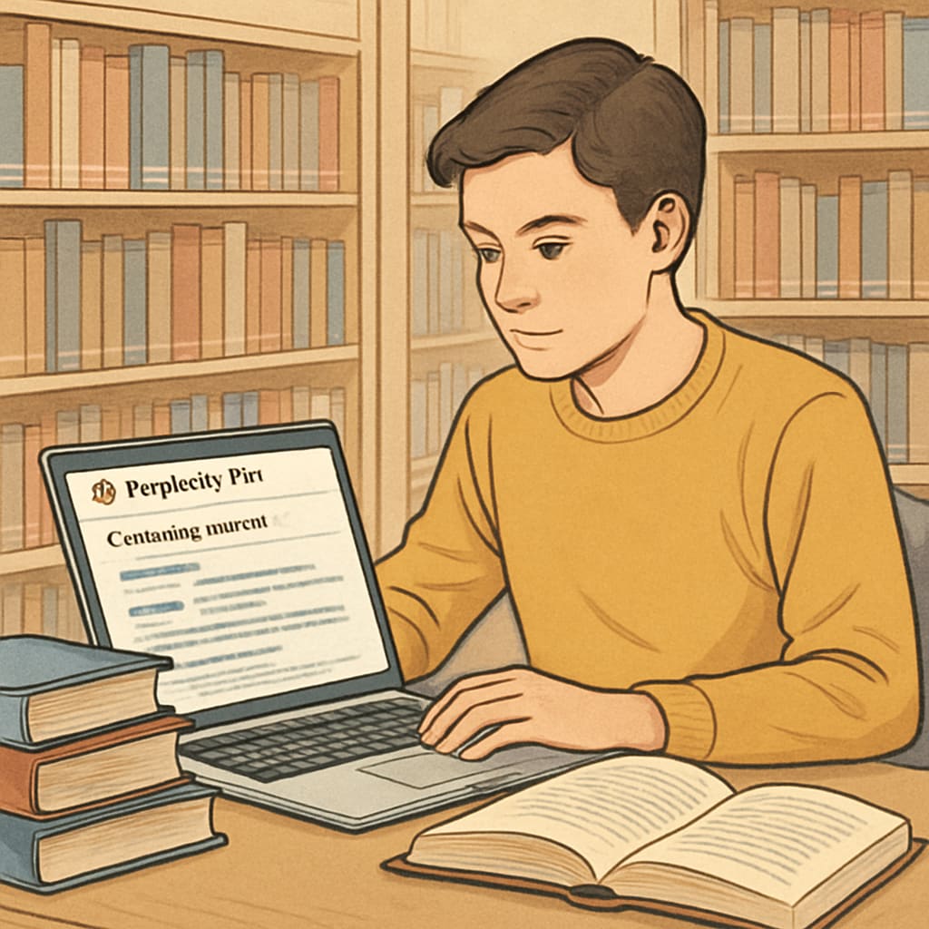 A high school student conducting research using Perplexity Pro in a library. A high school student using Perplexity Pro for research and citations.