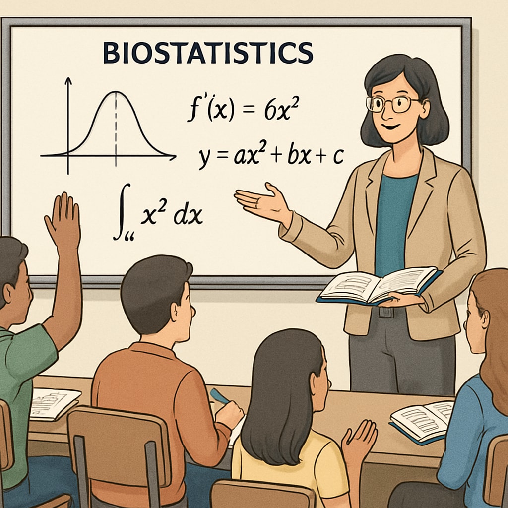 A classroom setting where university students are actively learning calculus and algebra concepts. The focus is on the importance of mathematics in biostatistics education. Students studying Microcalculus 2 and Linear Algebra in university