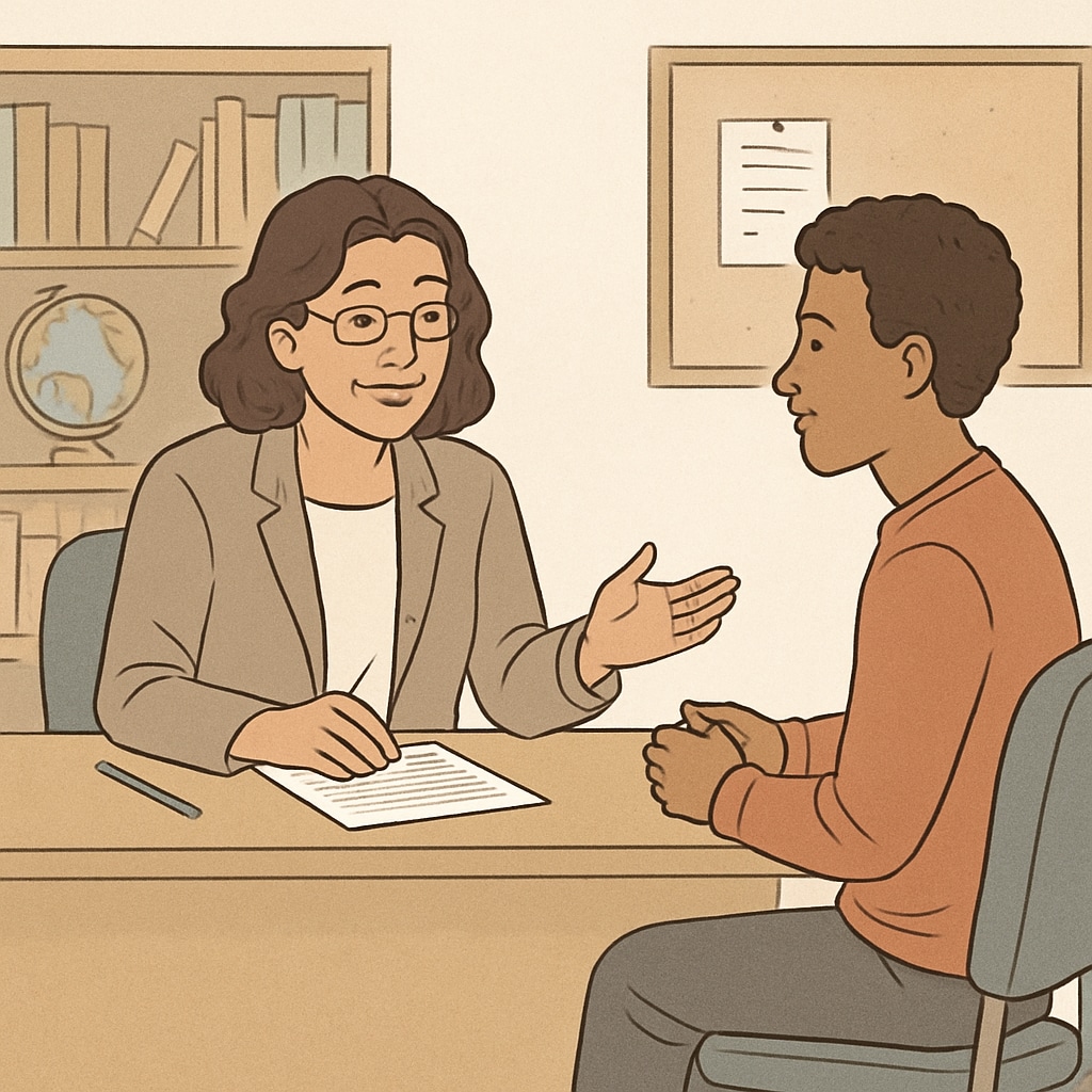 A guidance counselor having a discussion with a student in an office setting. The image emphasizes the supportive nature of non-teaching roles. Guidance counselor in education helping a student