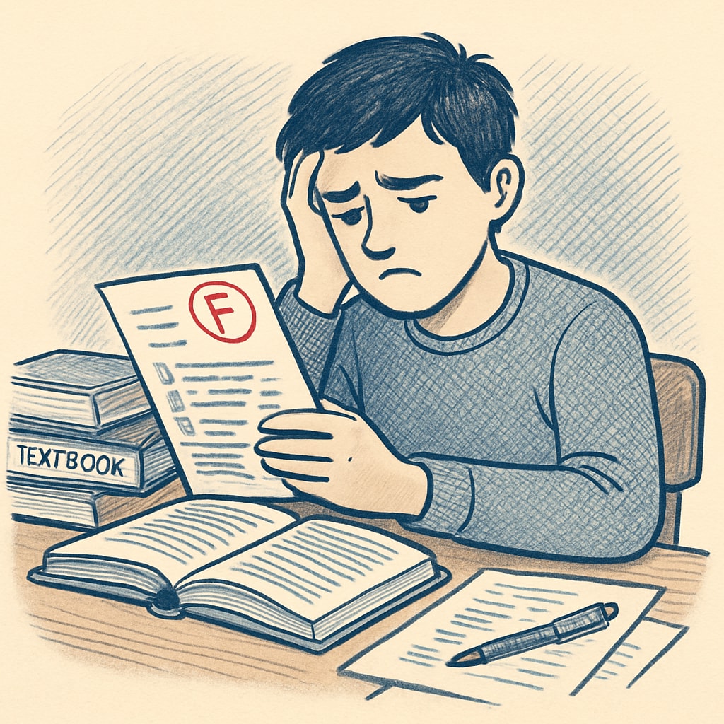 A frustrated student reviewing their exam grades at a desk, symbolizing the struggle of unfair evaluations. Student reviewing exam grades to highlight unfair teacher evaluations.