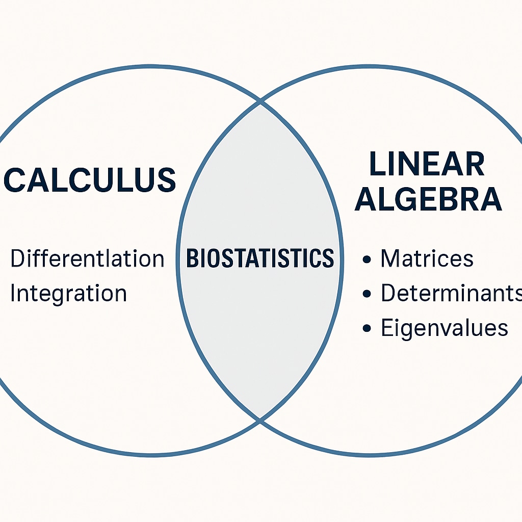 A diagram visually comparing the overlap and unique applications of calculus and linear algebra concepts, highlighting their relevance to biostatistics. Diagram comparing calculus and linear algebra in biostatistics context