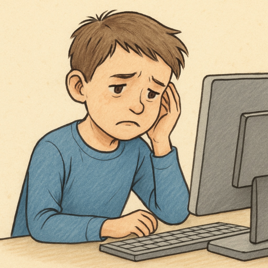 A child sitting in front of a computer with a concerned expression, symbolizing the psychological impact of excessive screen time. A child showing signs of technology addiction and its impact on mental health.