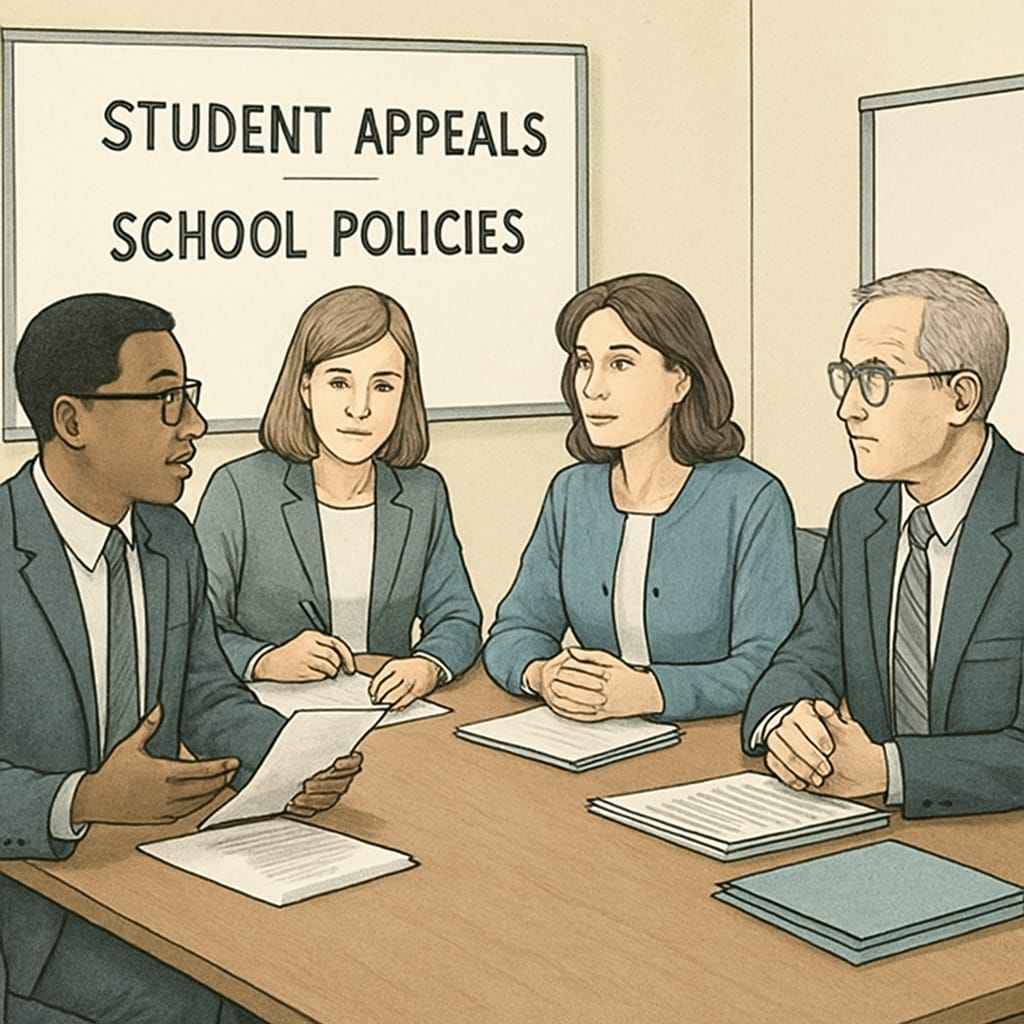 A group of administrators in a meeting room, reviewing student appeals and discussing school policies. School administrators reviewing appeal cases related to exam grading issues.
