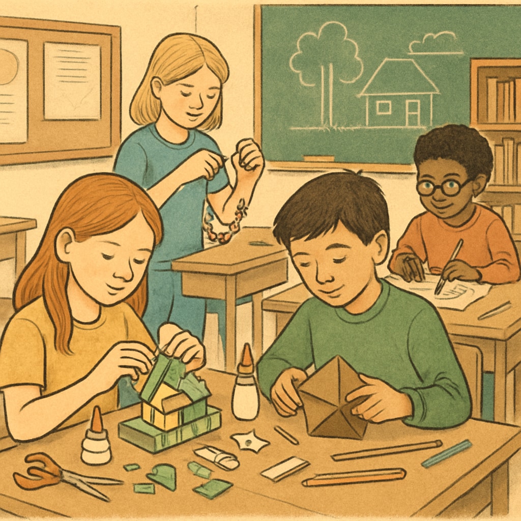 Students in a classroom engaging in hands-on activities like crafting, illustrating the benefits of reduced technology use in education. Students in a classroom participating in hands-on, technology-free learning activities.