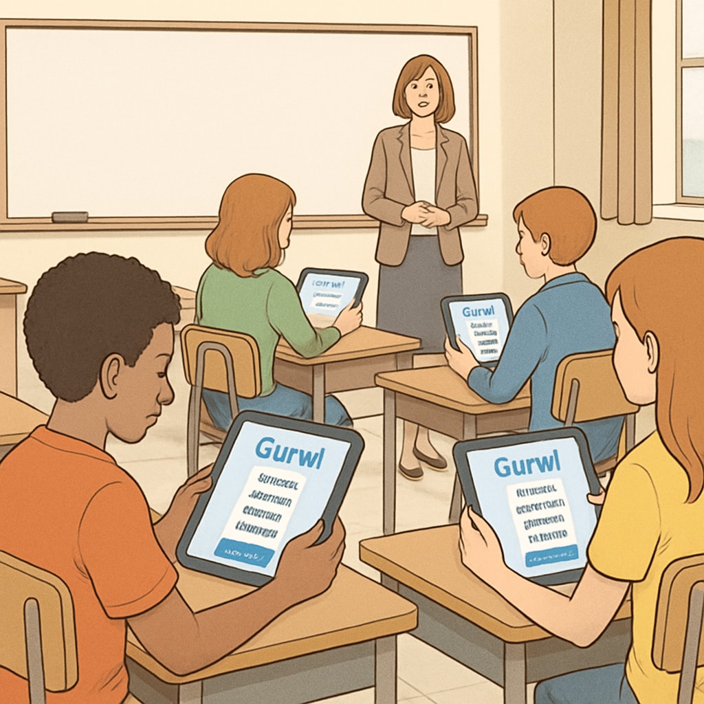 Students using Gurwi app for interactive and multilingual learning in a classroom setting.