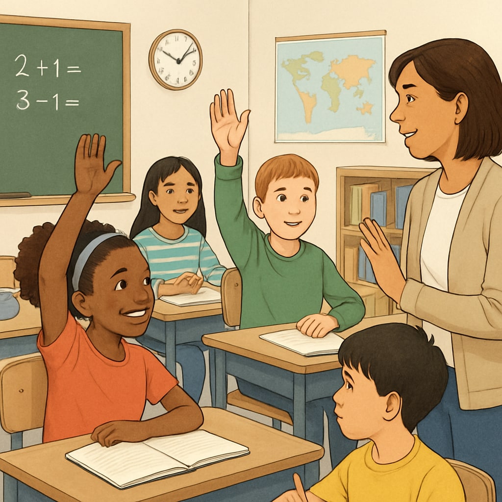 A welcoming classroom with engaged students and a teacher interacting positively. The image shows a diverse group of children actively participating in a lesson. Classroom with students and teacher in a public elementary school