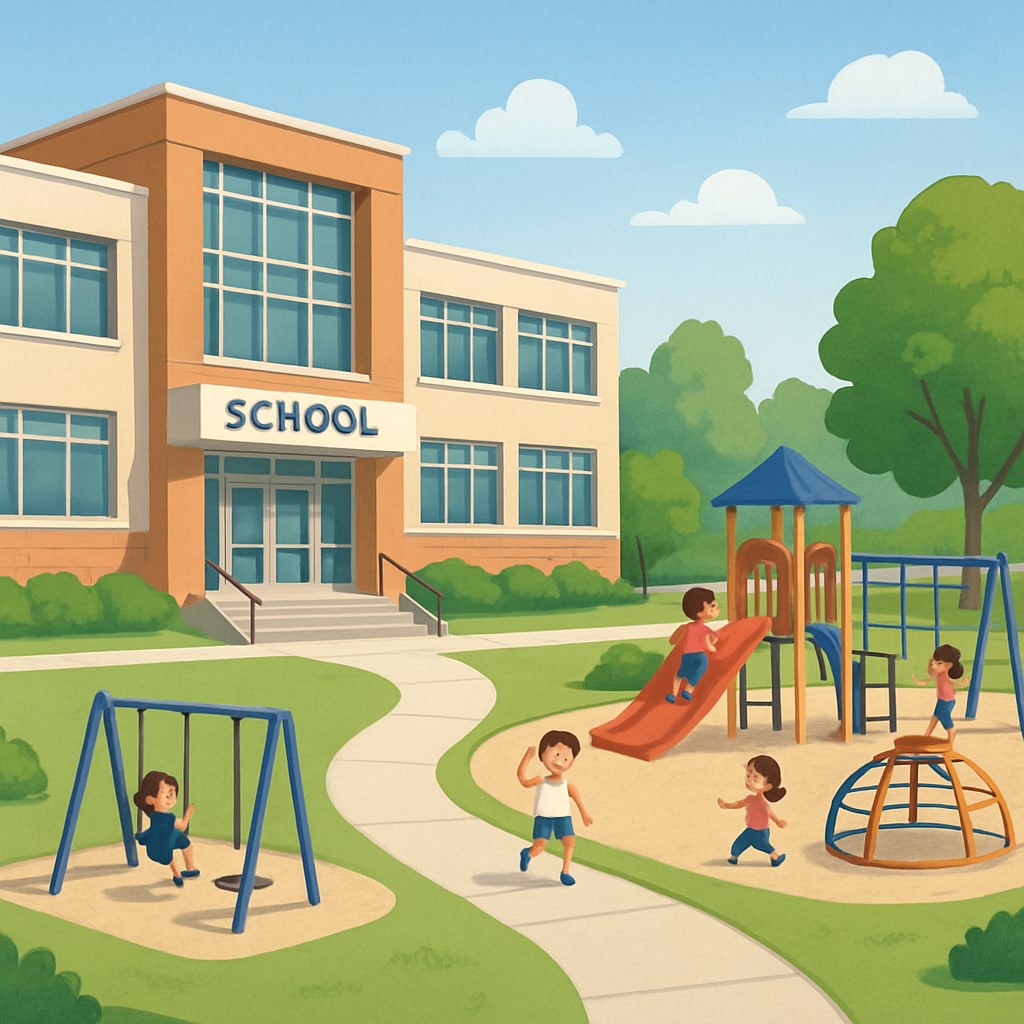 A school campus with modern facilities and a playground for children. The image highlights a clean and safe environment. Public elementary school campus with facilities and playground