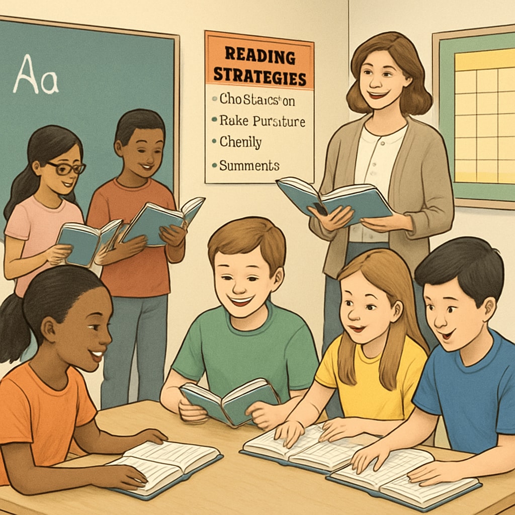 Students participating in group reading activities in a fifth grade ELA classroom.