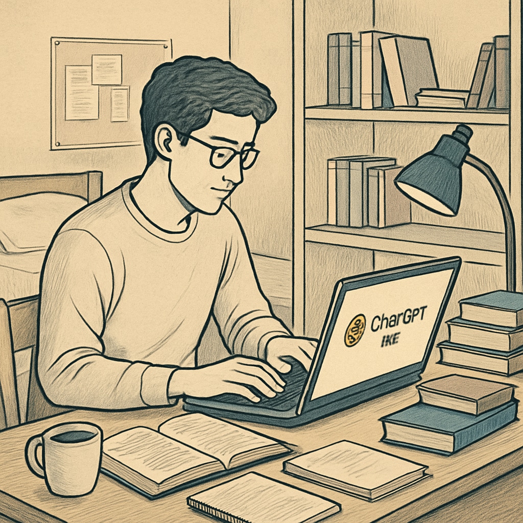 A university student using an AI tool like ChatGPT Plus for academic research in their dorm room. The image depicts a typical student working on their laptop in a casual study environment. University student using ChatGPT Plus for academic learning assistance.