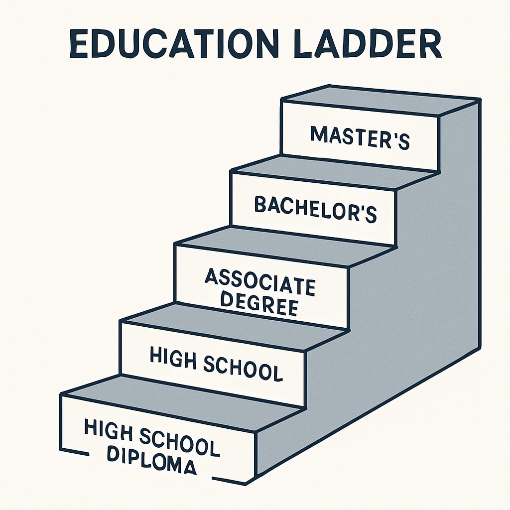 A conceptual image showing a staircase labeled Illustration of education hierarchy with college degrees above high school diplomas.