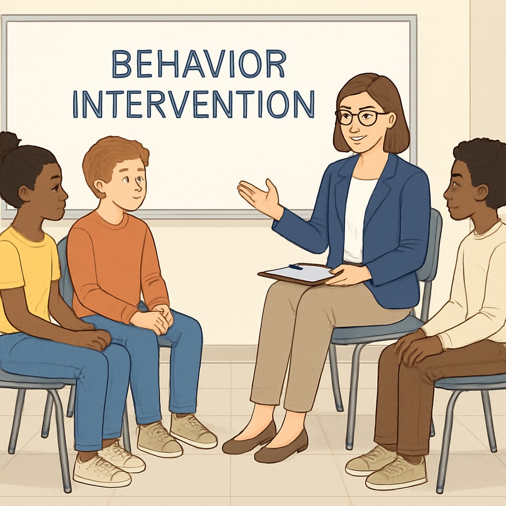 School counselor conducting a therapy session with students to support behavior intervention.