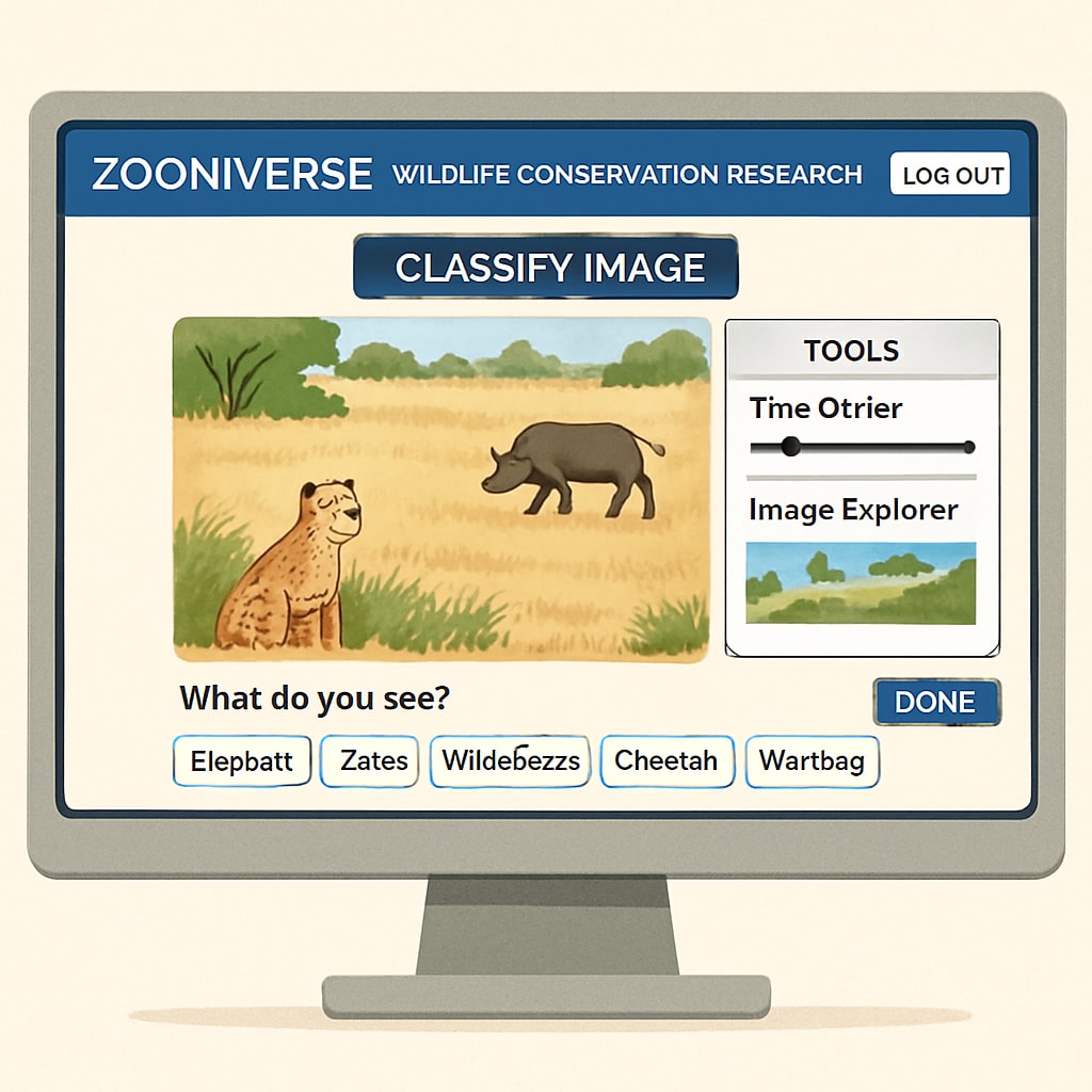 A computer screen displaying a Zooniverse project where users analyze wildlife images for conservation research. Citizen science platform showcasing wildlife conservation research project.