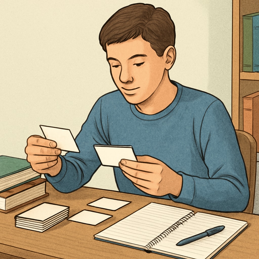 A student engaging in active recall methods with flashcards on a study desk, emphasizing memory techniques. Teen mastering memory techniques using flashcards for effective learning.