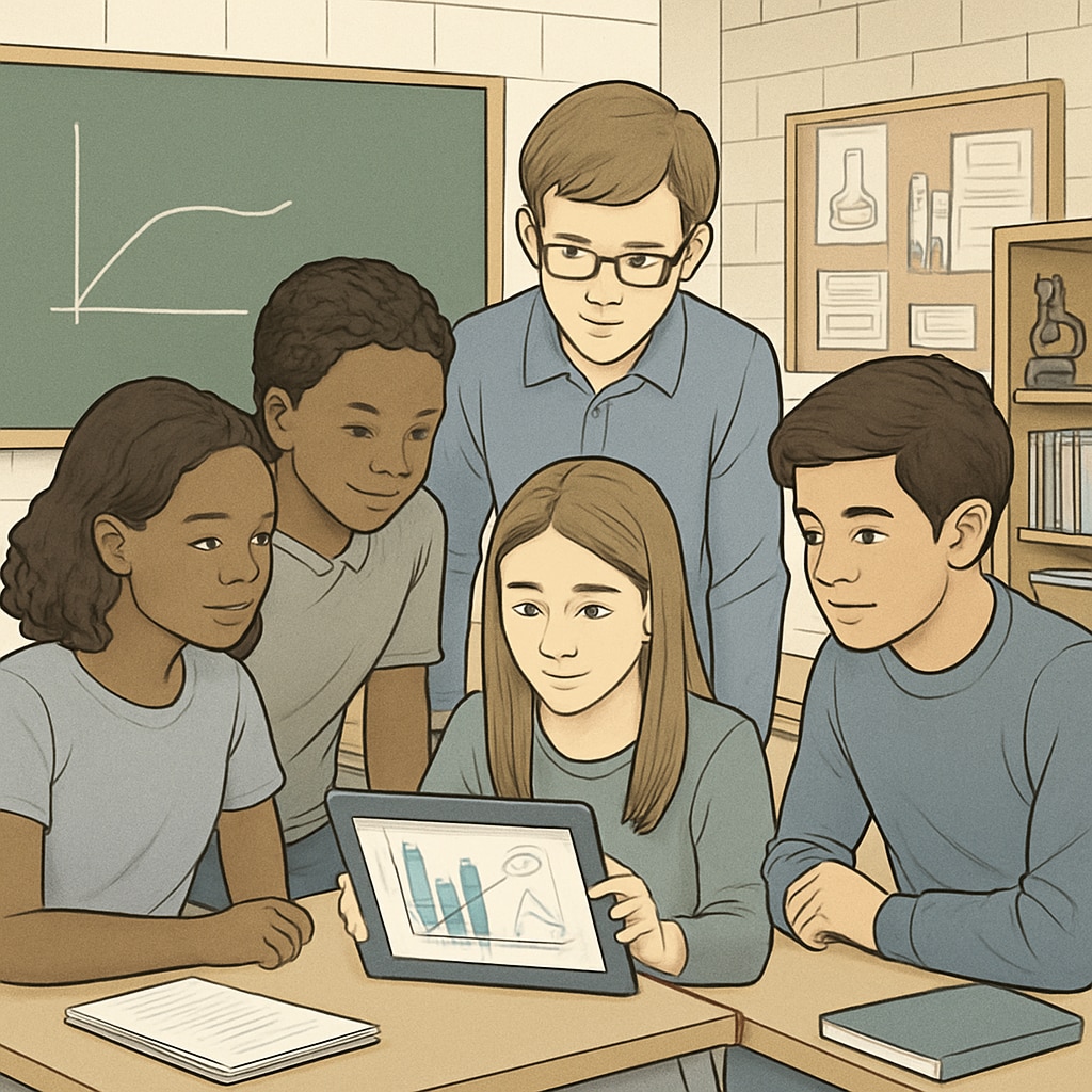 A group of students working together in a classroom, analyzing data from a Zooniverse project on a shared tablet or laptop. K12 students collaborating on a Zooniverse citizen science project in class.