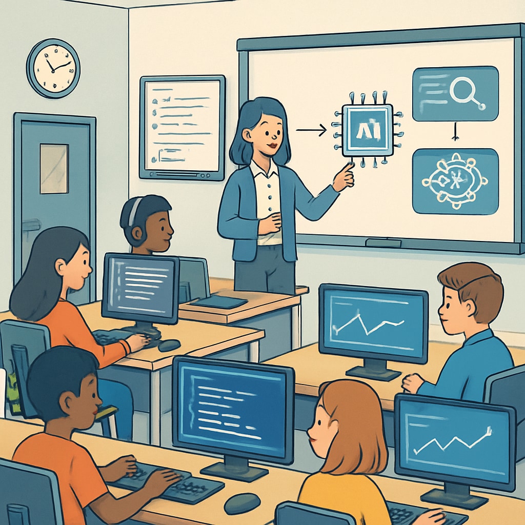 A classroom environment with students engaging in coding and AI activities.