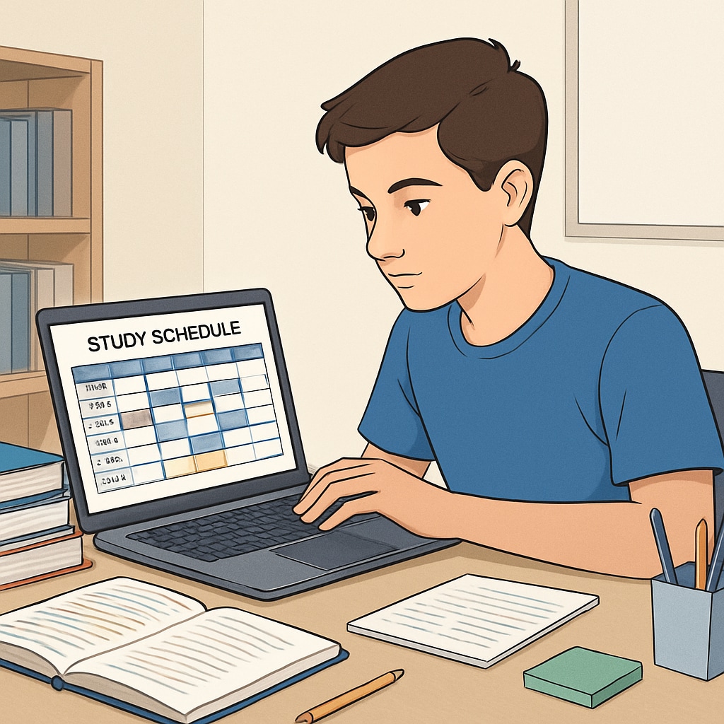 A teenager organizing a study schedule on a laptop, surrounded by textbooks and notes, highlighting study methods. Teen using study planning tools to build effective learning habits.