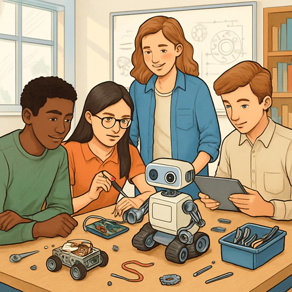 Students working together on a robotics project in a technology-enhanced learning space.