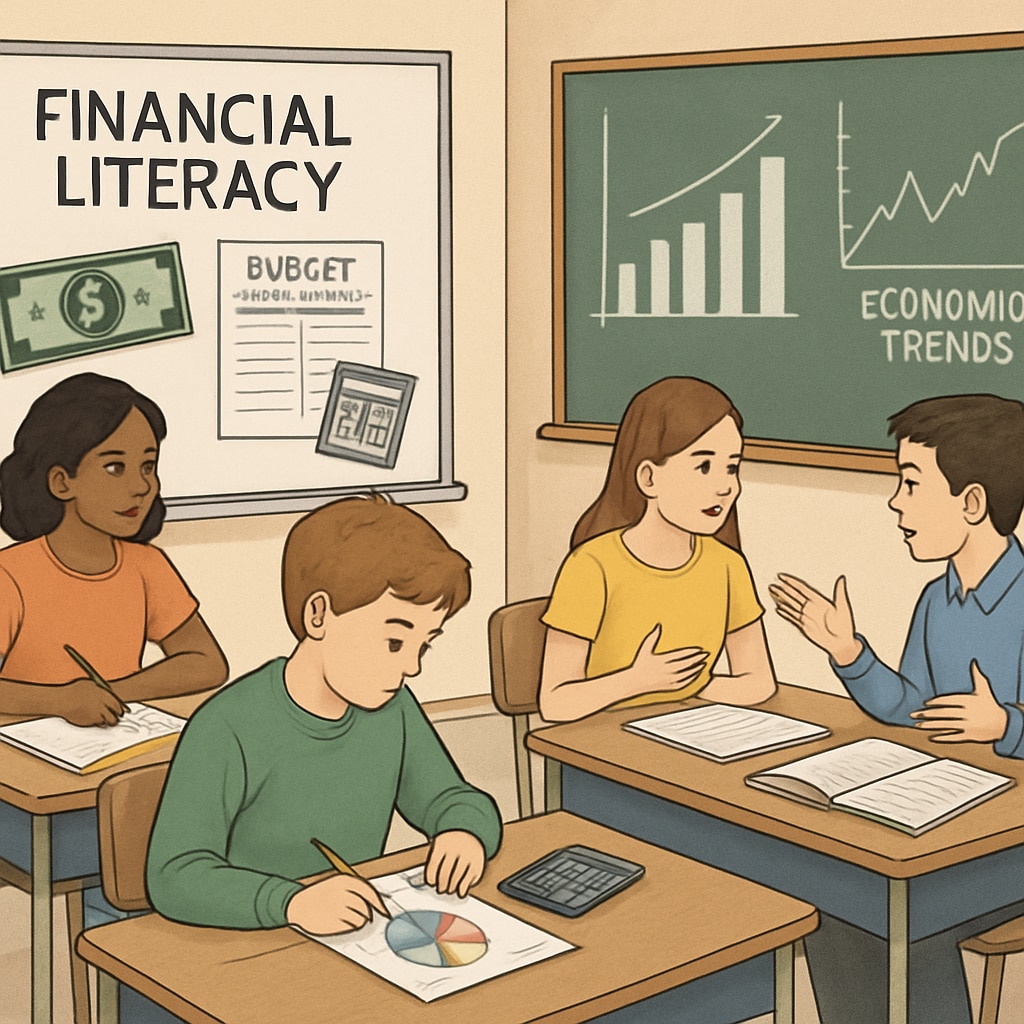 Students participating in financial literacy activities, learning about business analysis and finance concepts.