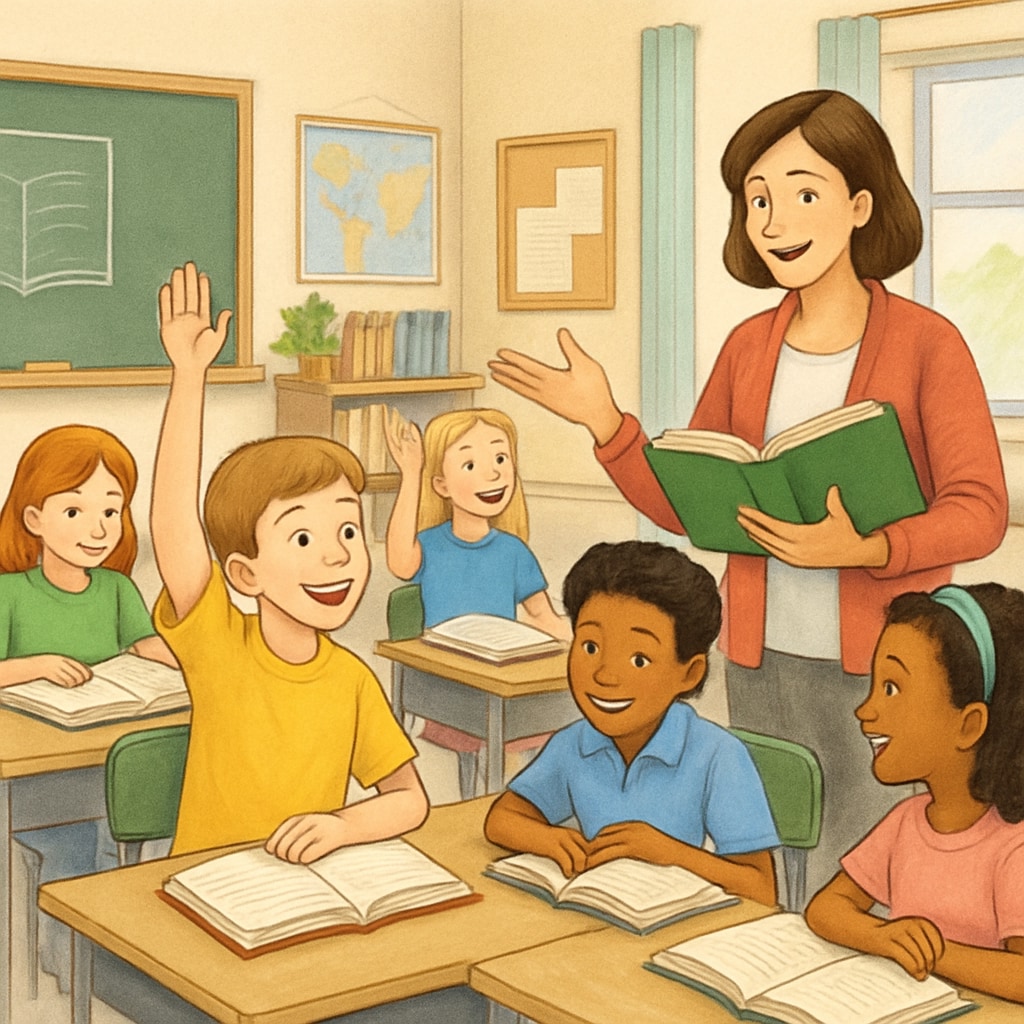 A classroom of young students engaged in a reading activity, with a teacher guiding them. Students participating in a reading lesson under whole language or phonics instruction.