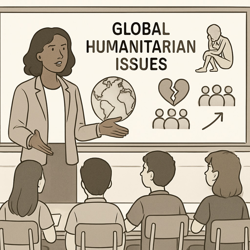 A classroom discussion on global humanitarian issues, including Gaza and war victims.