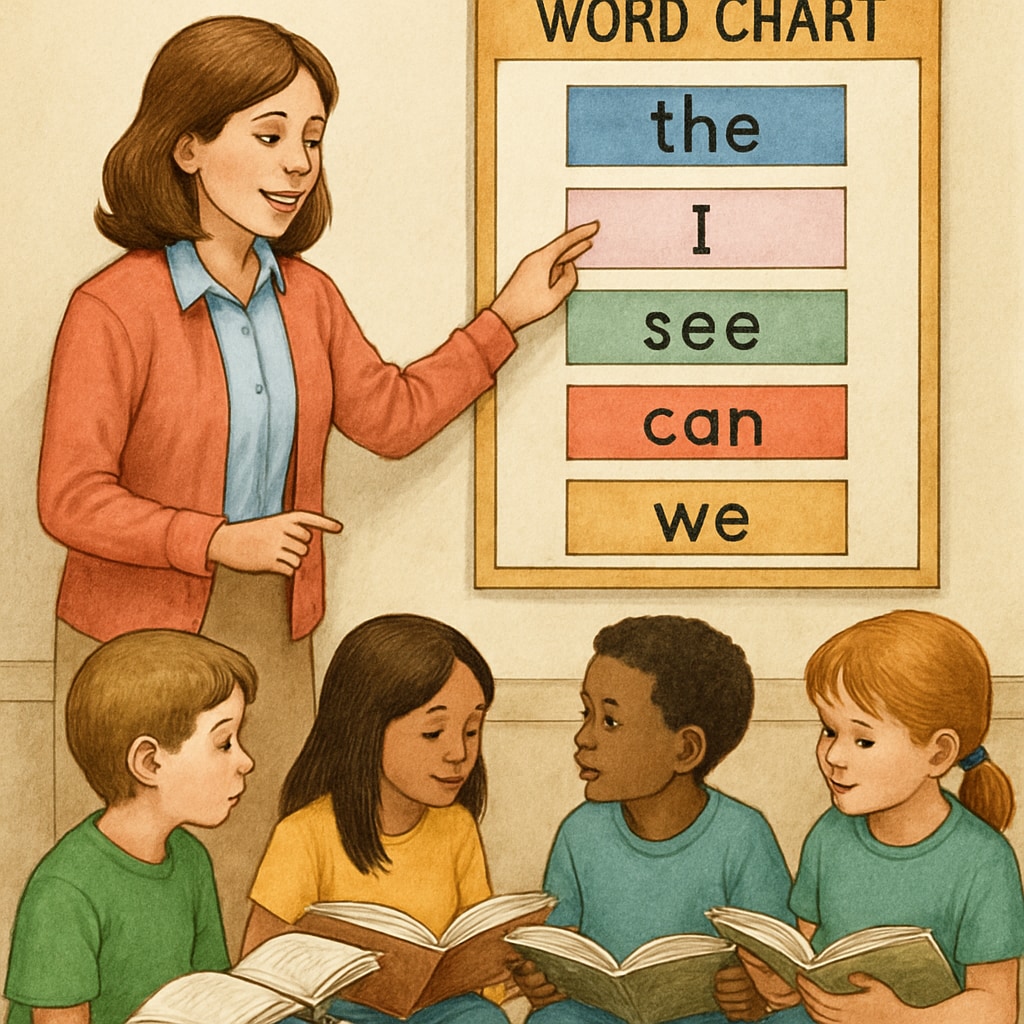 A teacher pointing to a word chart while children read along, illustrating whole language instruction. Teacher demonstrating whole language reading techniques to a group of children.