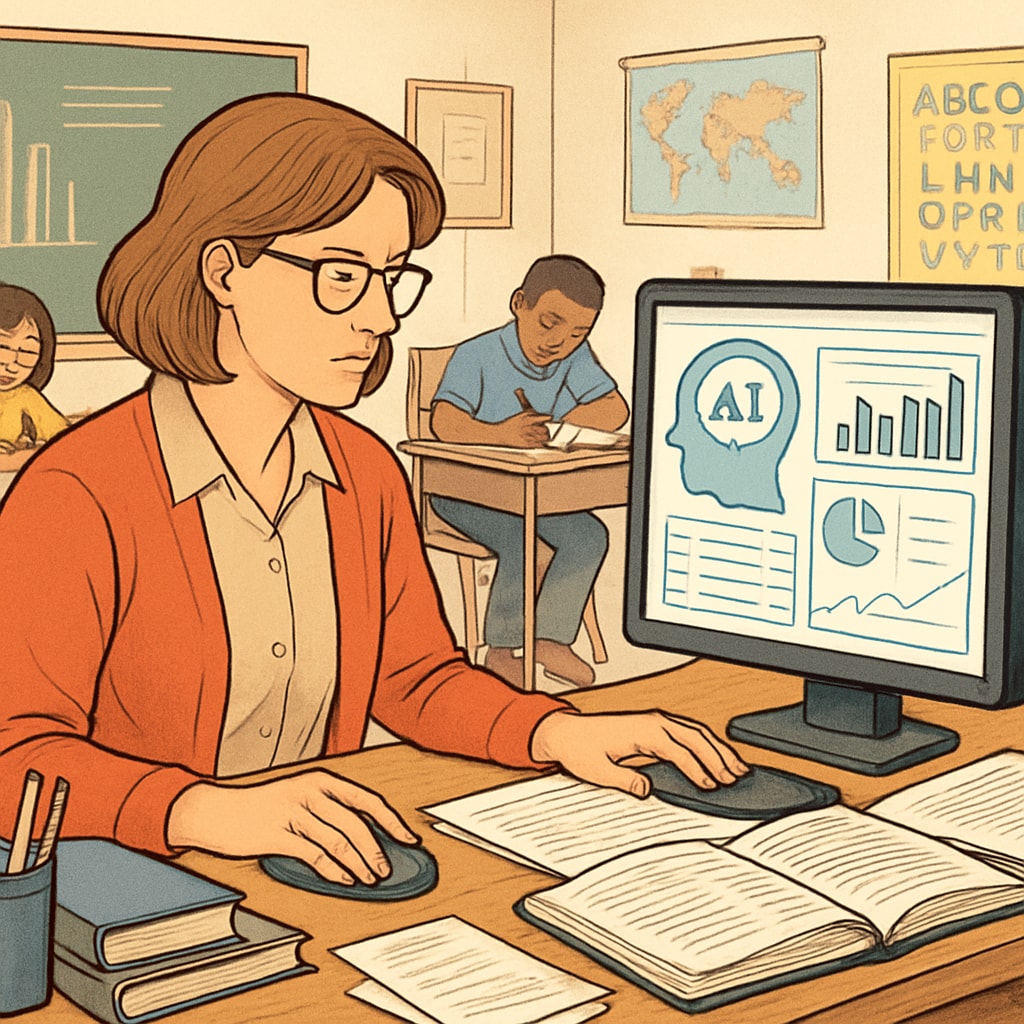 A teacher using a computer with AI software to analyze student data in a classroom setting. Teacher using AI software for education efficiency and workload management.