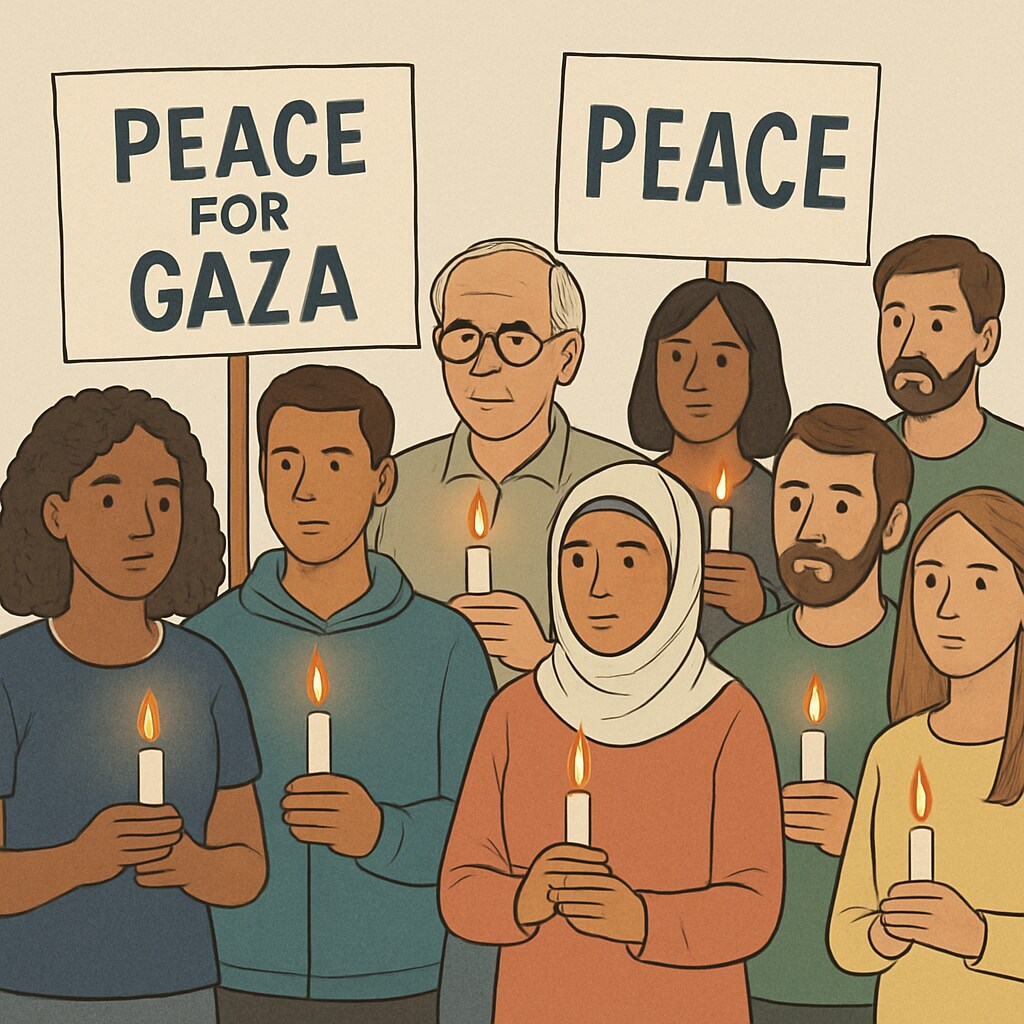 A vigil promoting peace and awareness for Gaza and global humanitarian crises.