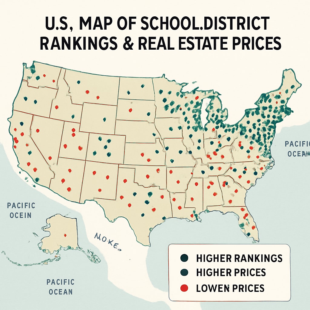 Map illustrating school district rankings and real estate prices correlation in the U.S.