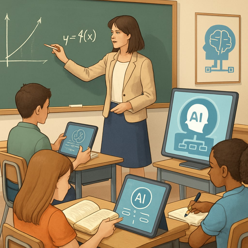 A classroom where both traditional teaching methods and AI-driven tools are being utilized. Classroom integrating AI tools and traditional education methods for teachers and students.