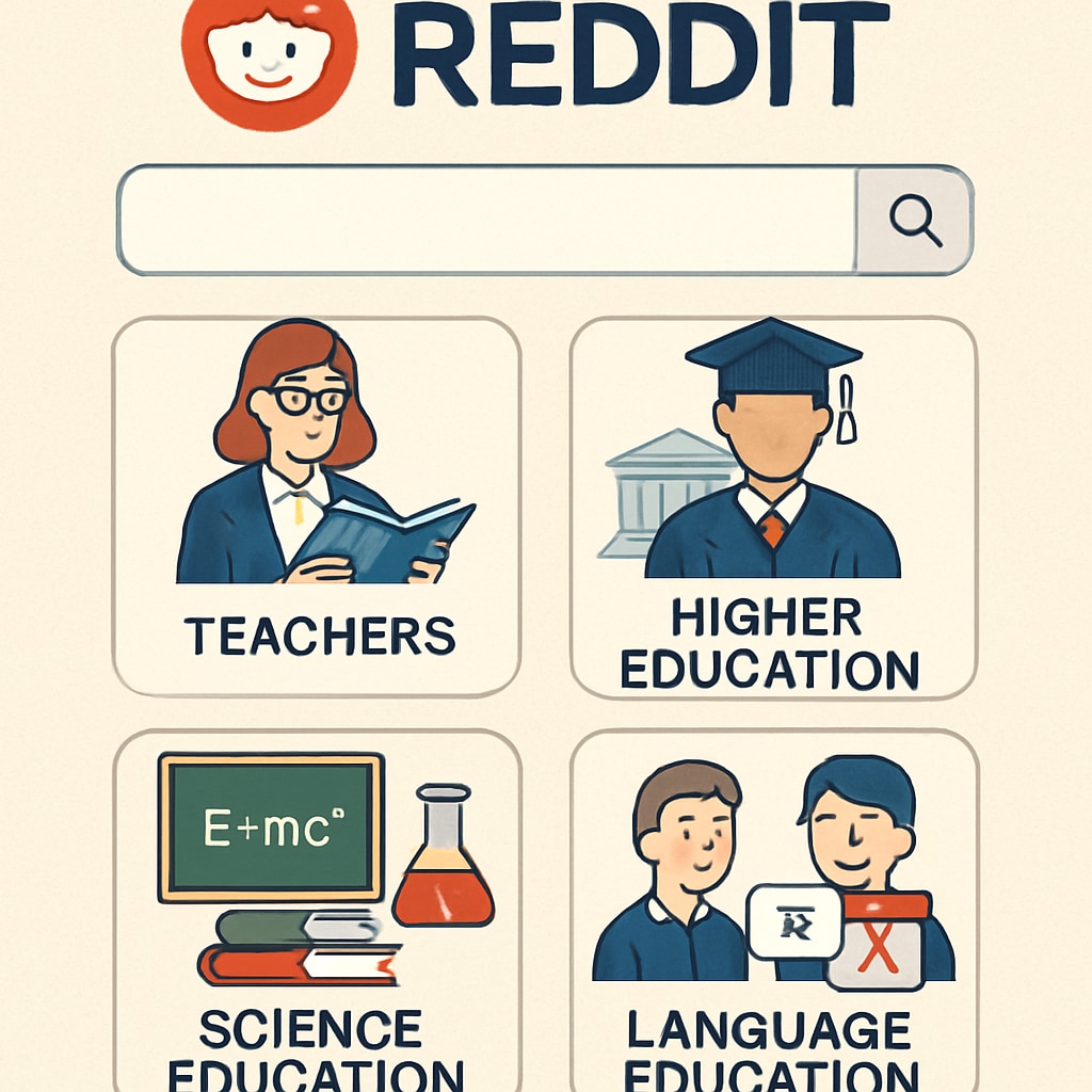 A visual representation of Reddit’s education subreddits, featuring a search bar and categorized groups for educators. Reddit education subreddits search interface with categorized groups.