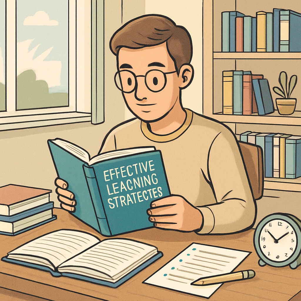 A student reading a book on effective learning strategies in a bright study room. Learning methods and book recommendations for teens.