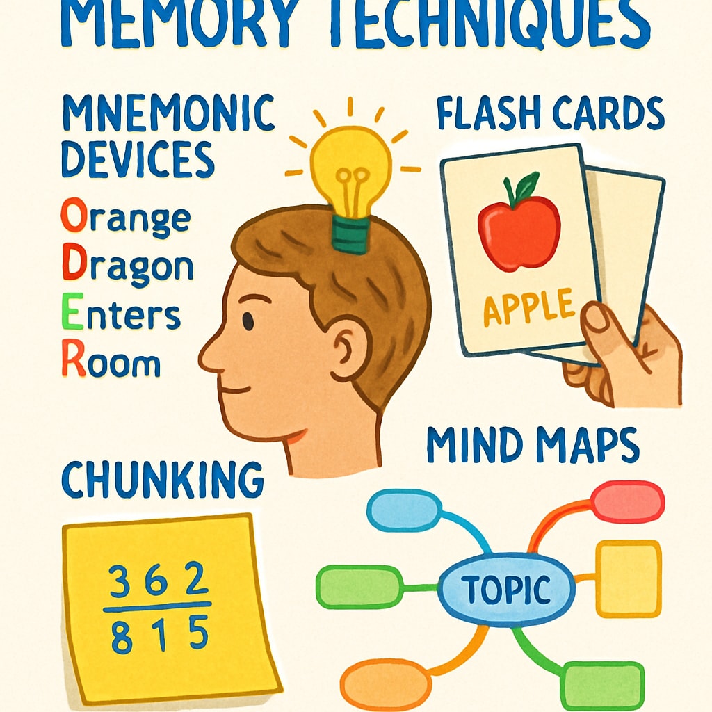 A colorful visualization of memory techniques, such as mnemonic devices and mind maps. Tools for memory improvement and information retention.