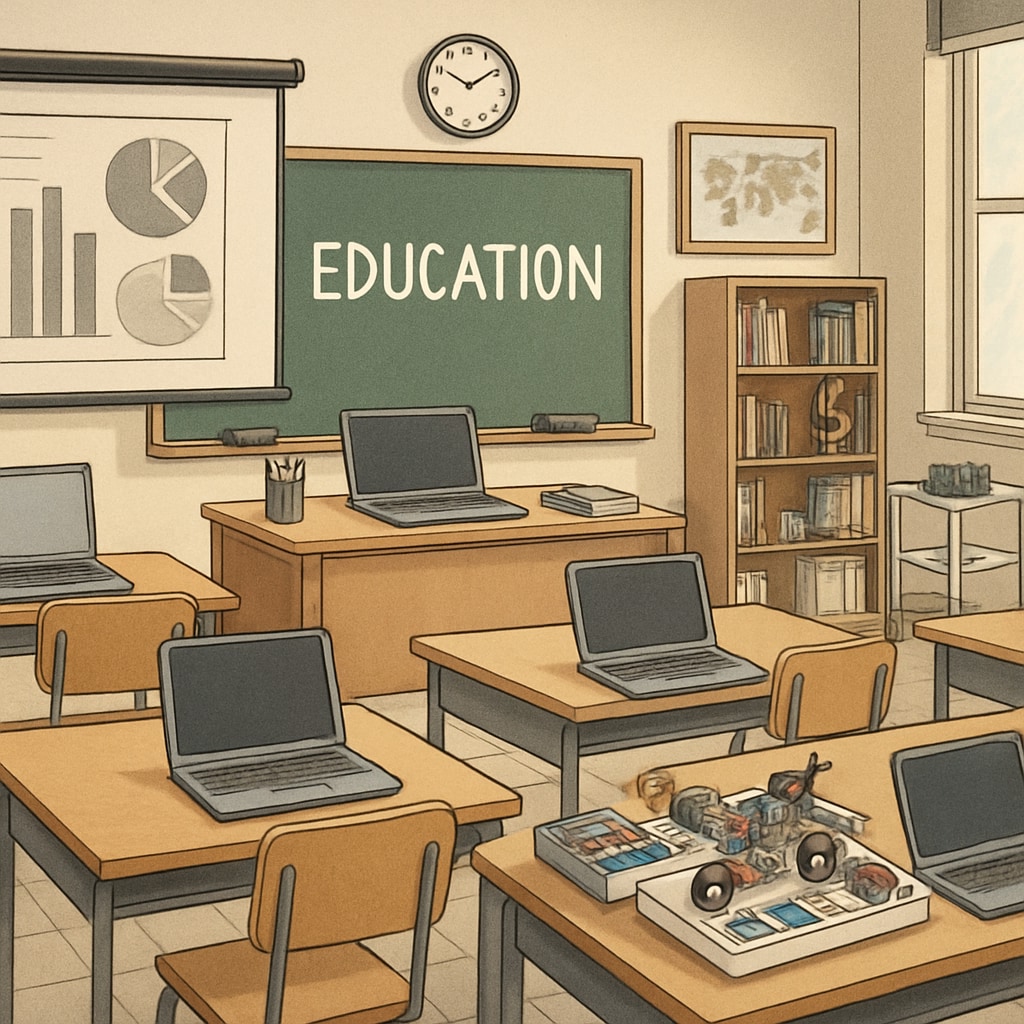 A high school classroom equipped with modern technology tools, such as laptops and STEM kits, emphasizing the shift in education priorities. High school classroom with STEM tools illustrating curriculum reform.