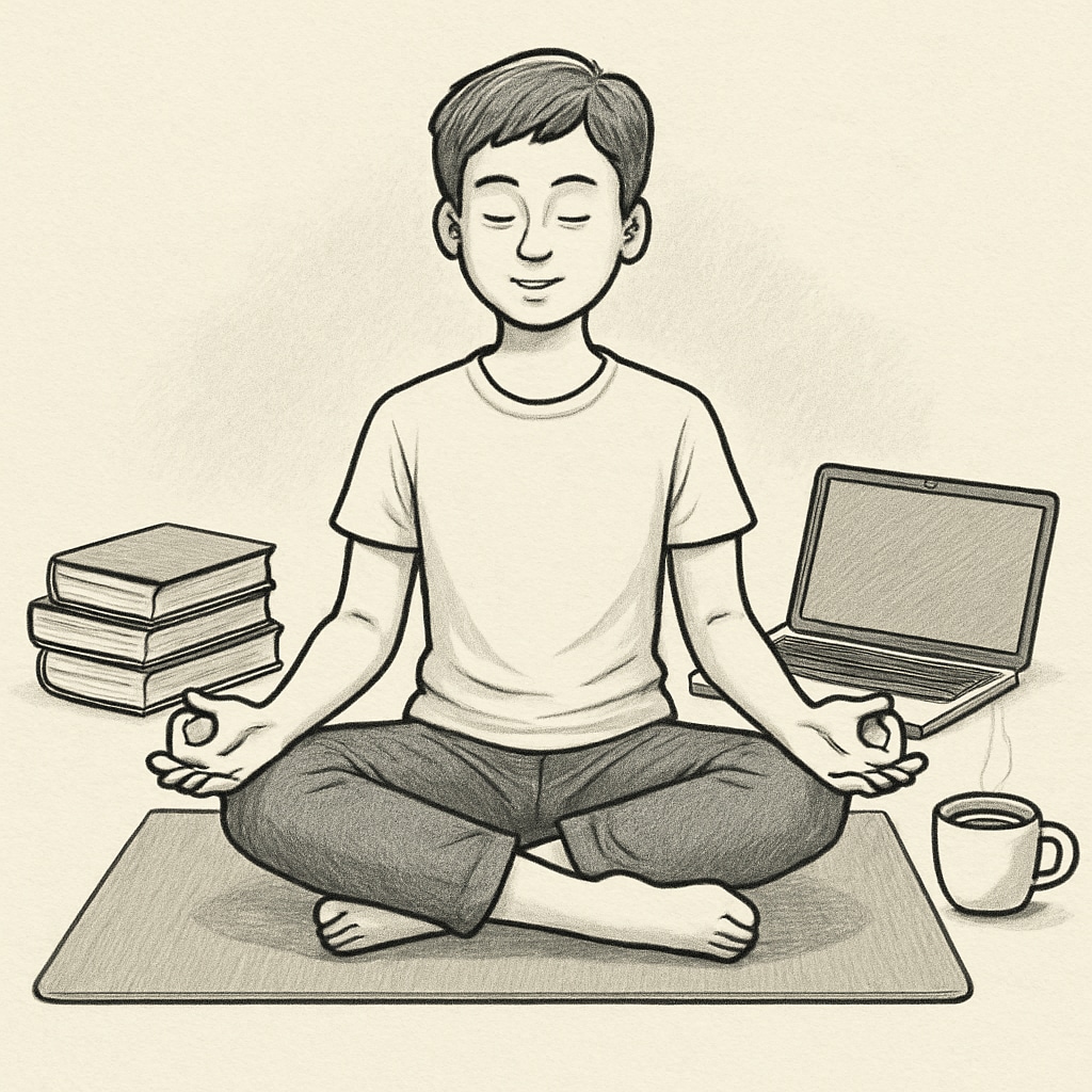 A student meditating on a yoga mat with books and a laptop nearby, symbolizing the balance between study and mental well-being. A student balancing study and well-being while managing academic backlogs.