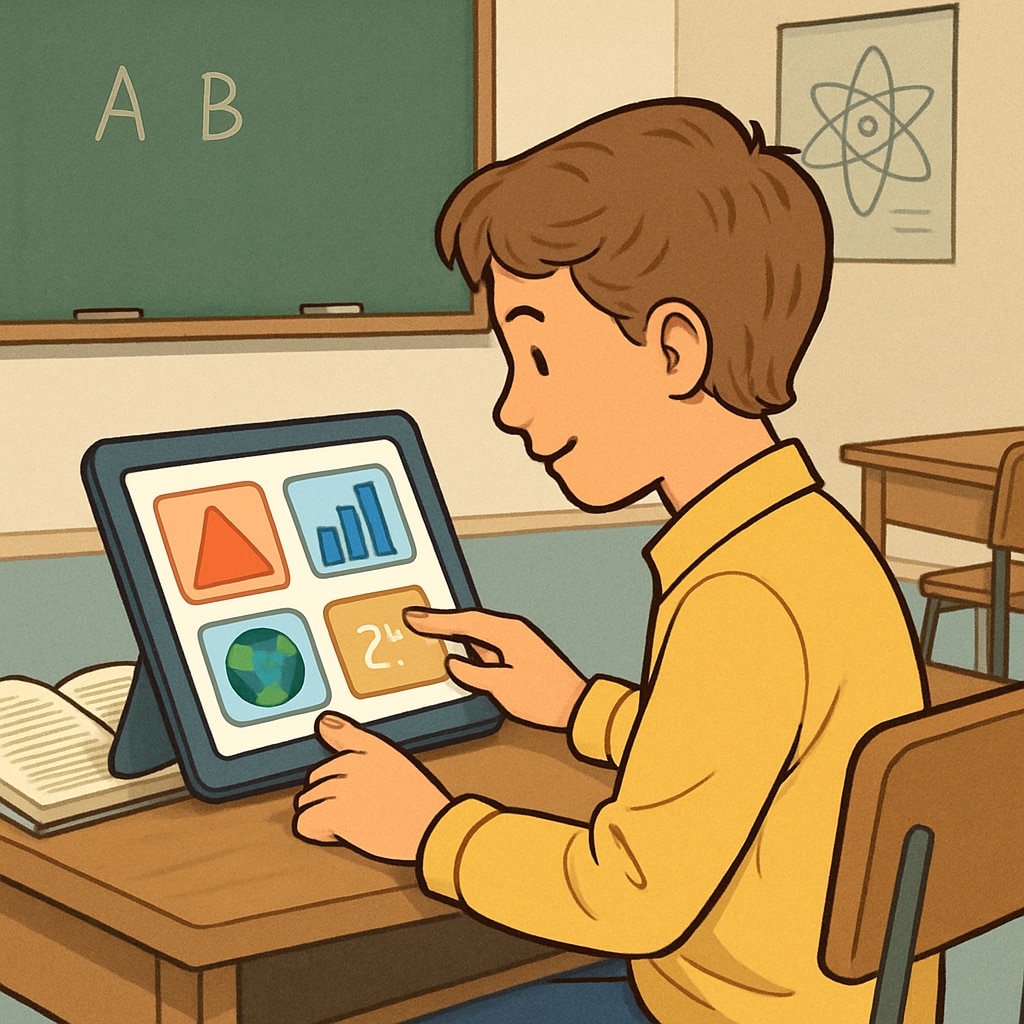 A student using a tablet to interact with a visual educational app, representing interactive learning. A student engaging with an interactive learning app, showcasing Gurwi’s features.